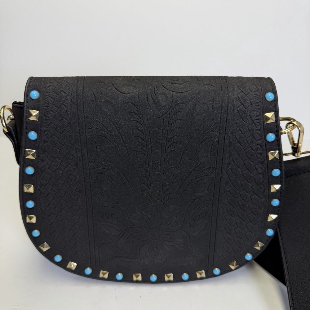 Kiss Me Couture Saddle Shoulder Crossbody Boho Style Studded Purse Bag